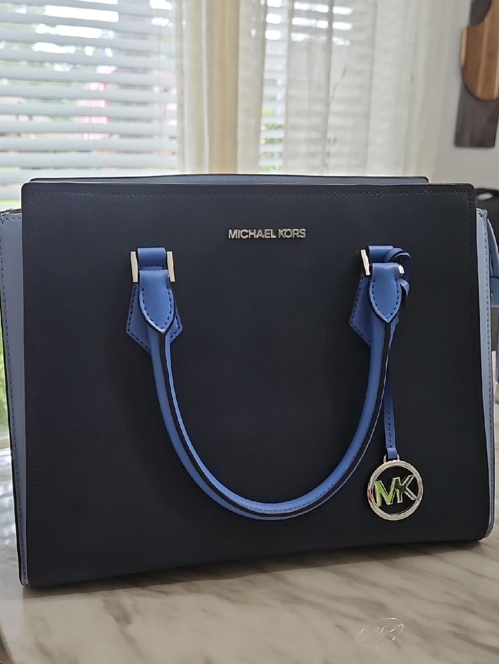 Michael Kors Navy Satchel with Light Blue Trim and Gold MK Charm